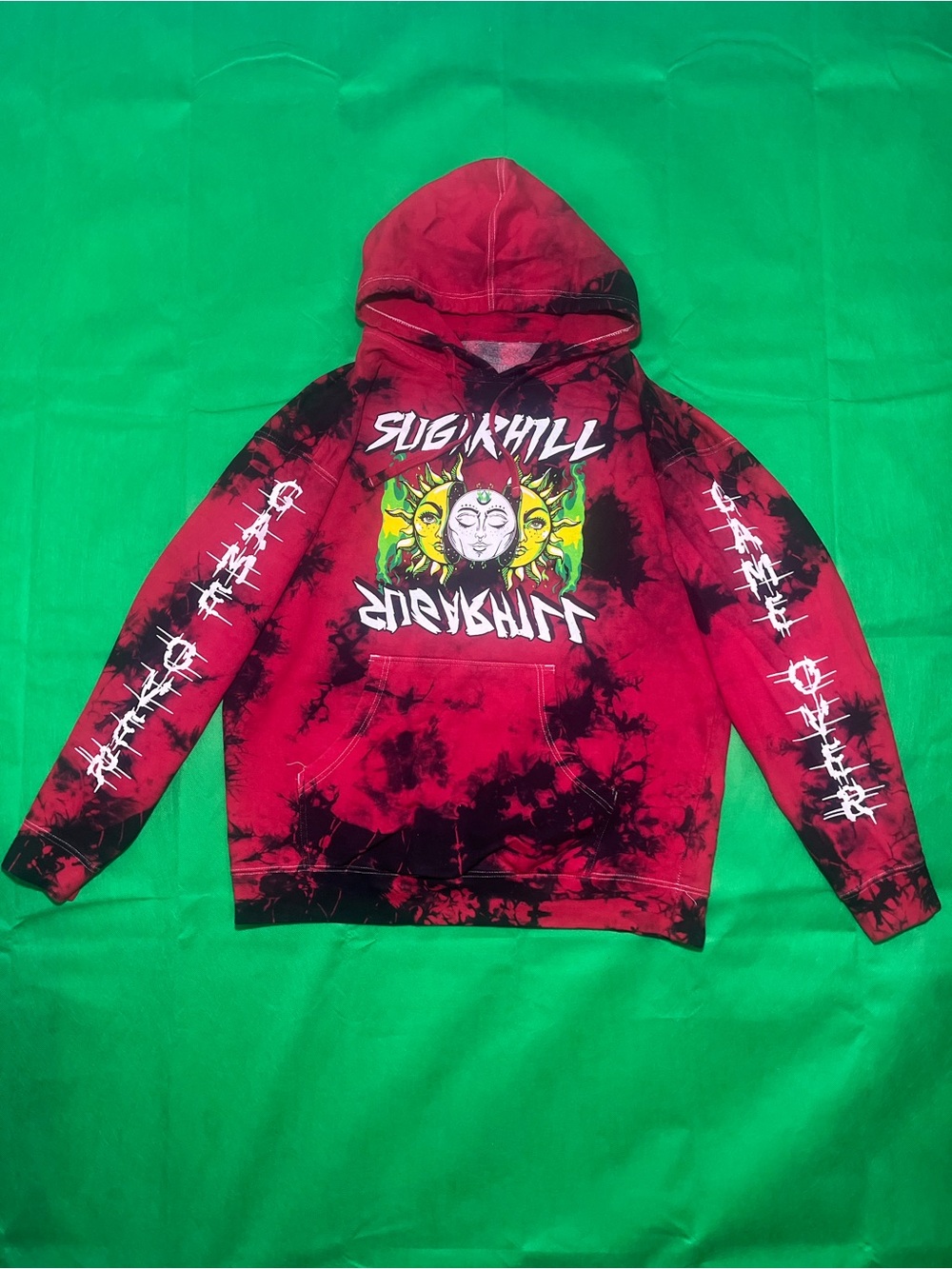 Red and Black SugarHill Tie-Dye Graphic Hoodie with Sun Face Print